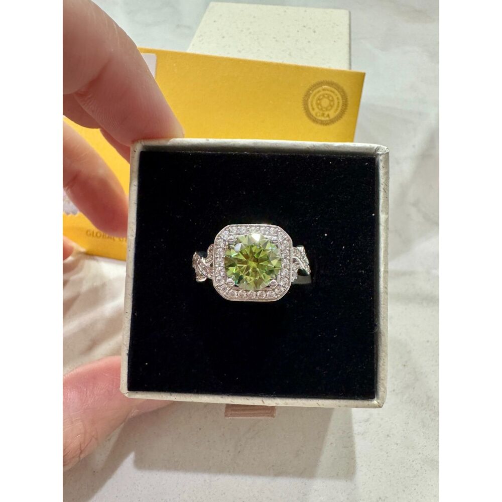 Green Moissanite Halo Ring • Scroll Detail • Adjustable • New w/Box • GRA